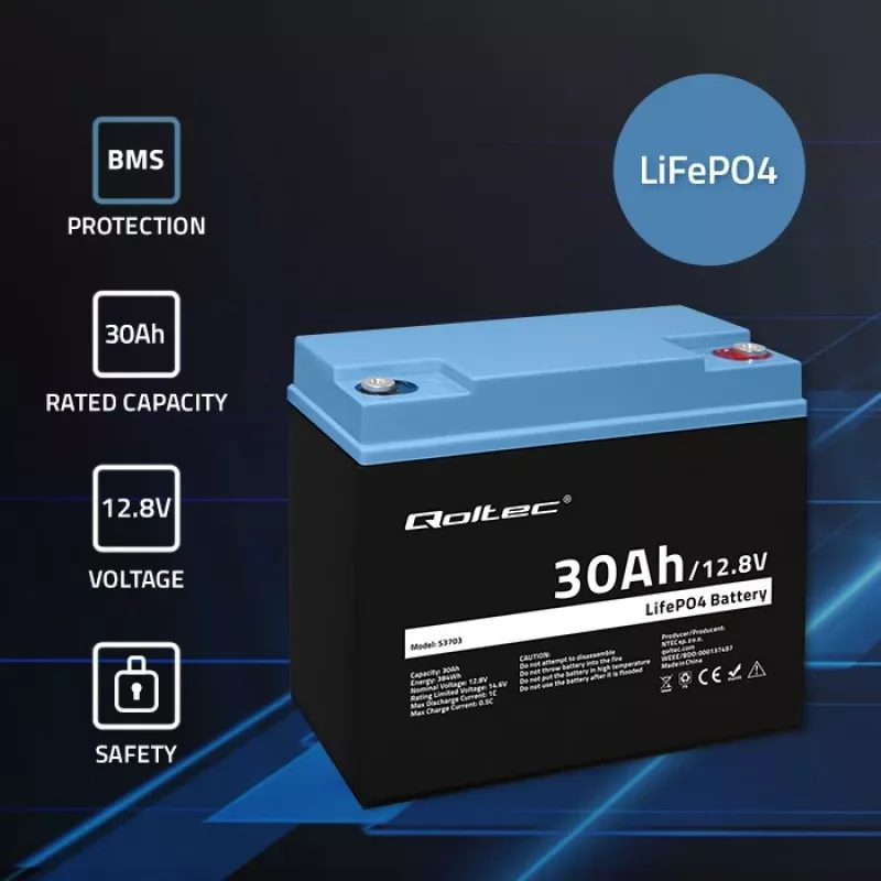 Uzlādējama LiFePO4 baterija QOLTEC 12.8V 30Ah 384Wh ar BMS