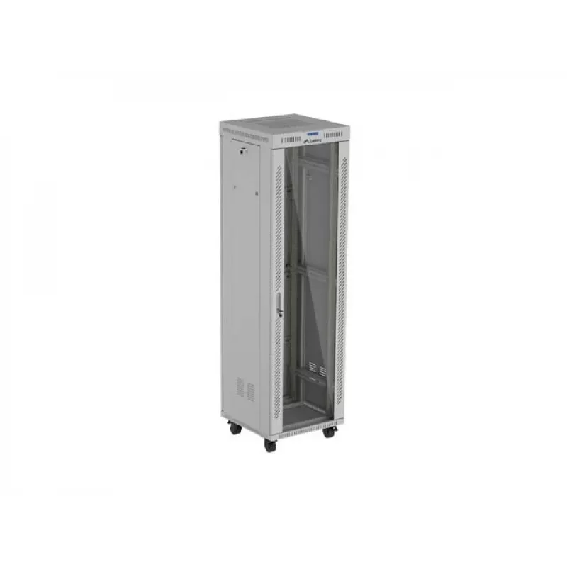 19 collu 42U LANBERG stāvošs statņu skapis 600×600 mm pelēks ar stikla durvīm un LCD (plakanā iepakojumā)