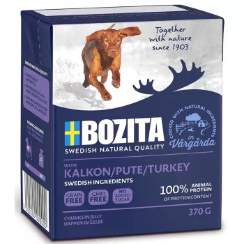 Mitrā suņu barība BOZITA Gabaliņi želejā Tītars, 370 g, pieaugušiem suņiem, olbaltumvielas 7%, tauki 5,5%