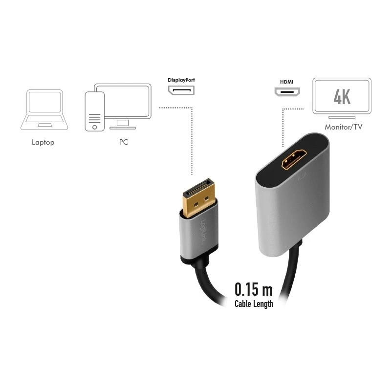 LogiLink CDA0108 video kabeļa adapteris 0,15 m DisplayPort HDMI melns pelēks