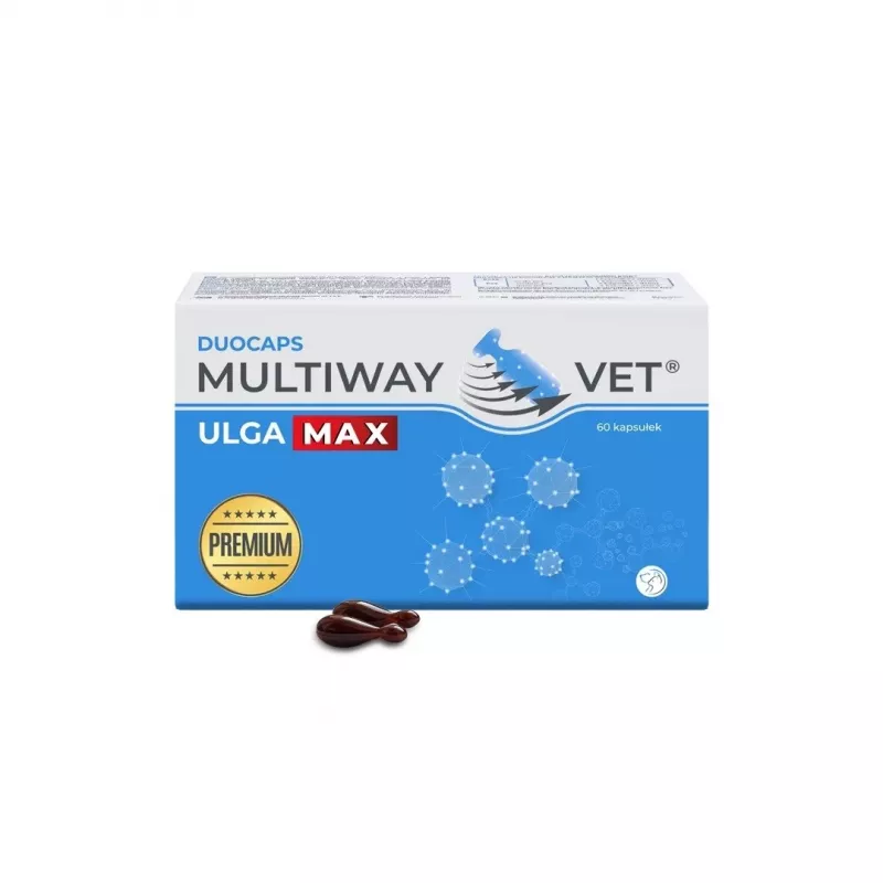 Vērpjamās kapsulas JM Sante Multiway Vet Duocaps Ulga Max – 60 gab., stresa un diskomforta mazināšanai pieaugušiem suņiem un kaķiem, 150 g