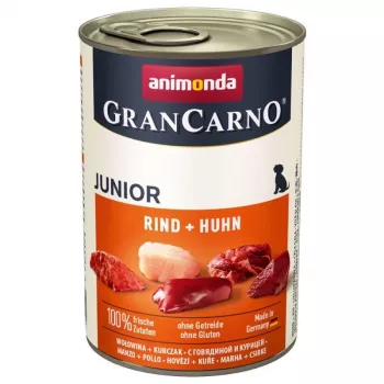 Mitrā suņu barība animonda GranCarno Oriģināls Junior — liellopu gaļa & vistas gaļa, 400 g bundža, augšanas periodam, bez lipekļa un bez sojas