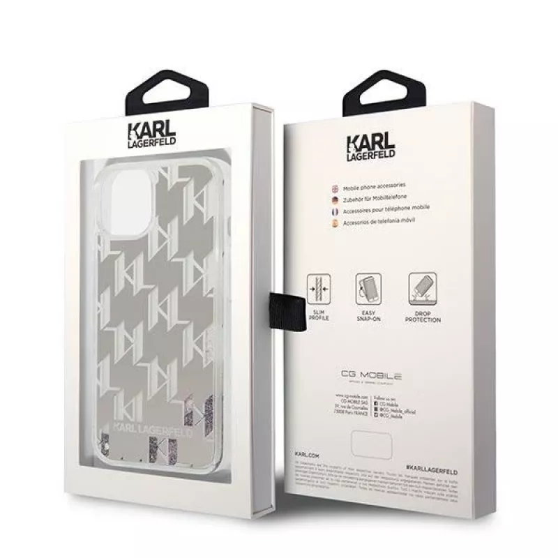 Karl Lagerfeld KLHCP14MLMNMS iPhone 14 Plus 6.7 cietais maciņš sudraba / sudraba Liquid Glitter Monogram