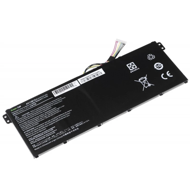Baterija zaļa Cell AC52 priekš Acer Aspire E11 ES1-111M ES1-131 E15 ES1-512 Chromebook CB3-111 CB5-311, 11.4V 2200mAh Li-Ion, 3 elementi, melna