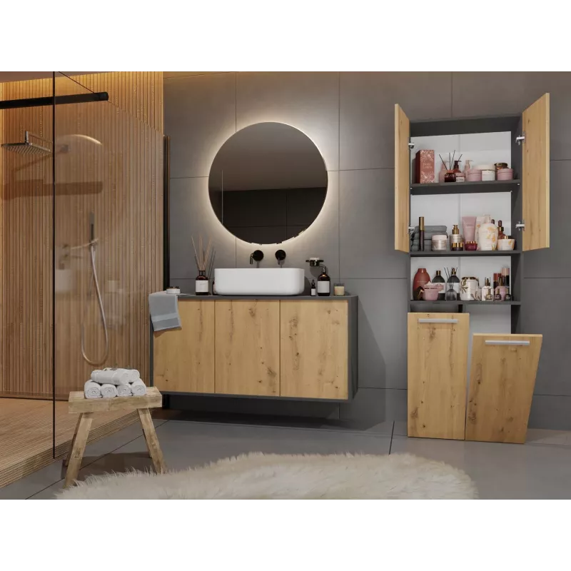 Vannas istabas uzglabāšanas skapis Top e Shop NEL 2K DK ANT/ART KP — Grafīts/Ozols, brīvi stāvošs, 600×300×1740 mm, 3 plaukti