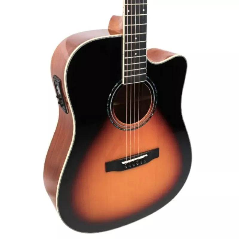 Elektroakustiskā ģitāra V-tone VEAG1 CE 4/4 Wood — pilna izmēra dreadnought, izgriezums, egles koka virsma, sarkankoka aizmugure un sāni, iebūvēts priekšpastiprinātājs