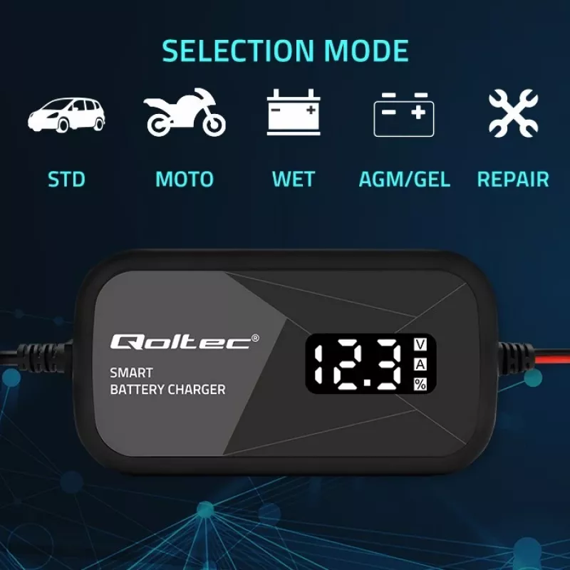 Bateriju lādētājs QOLTEC 52492 12V 2A ar mikroprocesora vadību un šūnu reģenerāciju