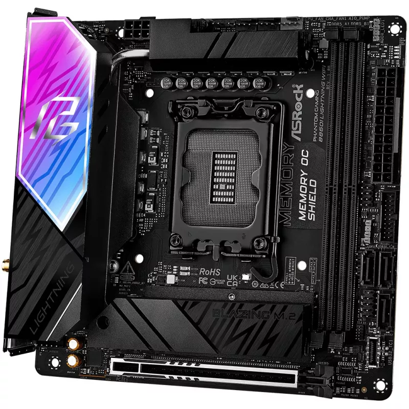 Mātesplate ASROCK B860I Lightning WiFi — Intel B860, LGA 1851, Mini-ITX, DDR5, 2x DIMM, 4x M.2, 2.5Gb LAN, Wi‑Fi 6E, Bluetooth 5.3