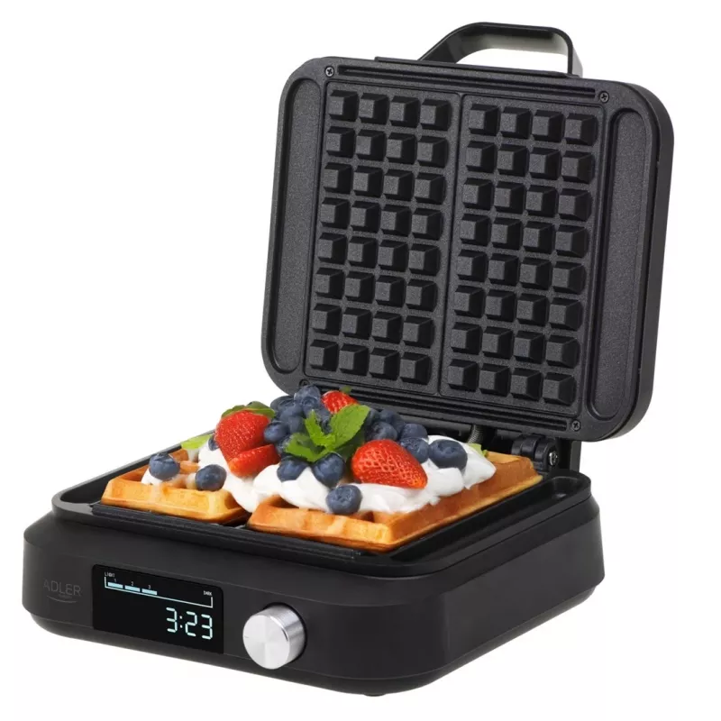 Vafeļu cepējs Adler AD 3087 — elektriskais Beļģu vafeļu dzelzs, 2200 W, 2 taisnstūrveida plāksnes 9×17 cm, melns
