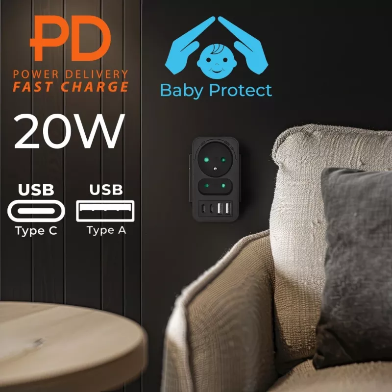 Strāvas sadalītājs MACLEAN MCE249 F/B — 2 maiņstrāvas ligzdas (16A + 6A) ar 2×USB-A un 2×USB-C PD 20W, ES spraudnis, melns