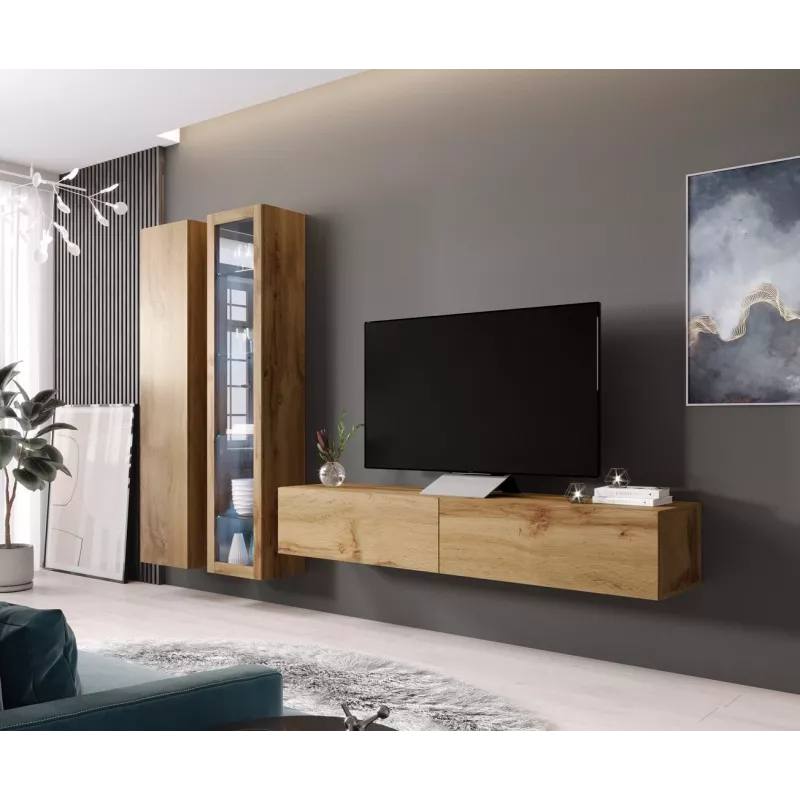 Vitrīna Cama Meble VIGO 180 — pie sienas stiprināma stikla vitrīna, 1800×400×300 mm, wotan ozols