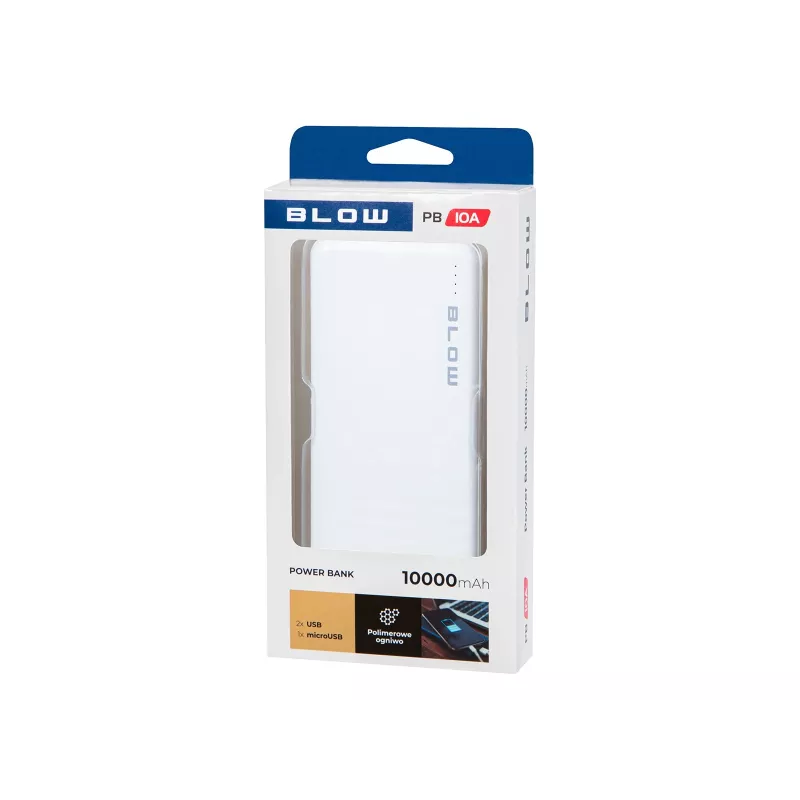 Pārnēsājams lādētājs ārējais akumulators BLOW PB10A 10000mAh (37Wh), 2x USB-A izejas, 22.5W kopējā, Micro‑USB ieeja, polimēra baterija
