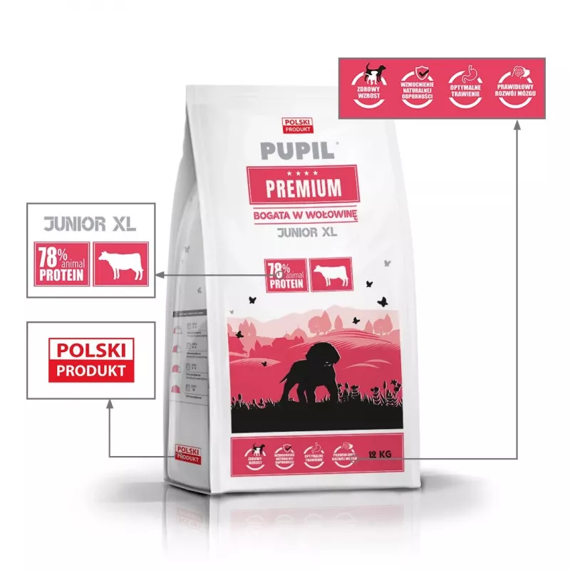 PUPIL Premium Junior lielo un ļoti lielo šķirņu kucēniem, bagātināta ar liellopu gaļu - sausā suņu barība - 12kg