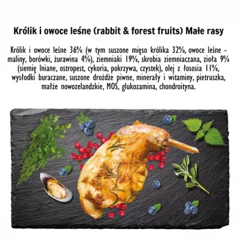 Sausā barība suņiem PAKA ZWIERZAKA Trusis ar meža augļiem S 3 kg — pieaugušiem maziem/vidējiem suņiem, 29% olbaltumvielu, 16% tauku, bez glutēna un sojas