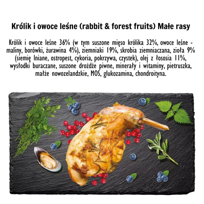 Sausā barība suņiem PAKA ZWIERZAKA Trusis ar meža augļiem S 3 kg — pieaugušiem maziem/vidējiem suņiem, 29% olbaltumvielu, 16% tauku, bez glutēna un sojas