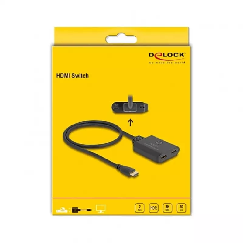 DeLOCK HDMI pārslēgs 2 x HDMI ieeja uz 1 x HDMI izeja 8K 60 Hz iebūvēts 50 cm kabelis