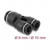 Pneimatiskais Y veida savienotājs DELOCK 2×8 mm → 1×10 mm ar montāžas atveri, metāls/plastmasa, 44 mm