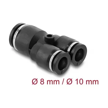 Pneimatiskais Y veida savienotājs DELOCK 2×8 mm → 1×10 mm ar montāžas atveri, metāls/plastmasa, 44 mm