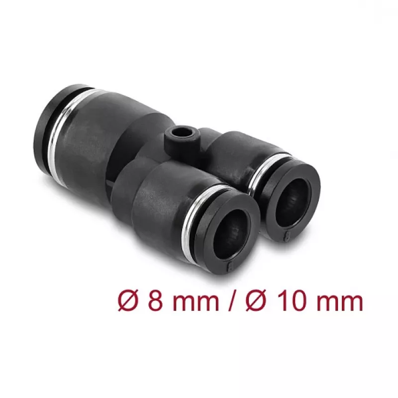 Pneimatiskais Y veida savienotājs DELOCK 2×8 mm → 1×10 mm ar montāžas atveri, metāls/plastmasa, 44 mm