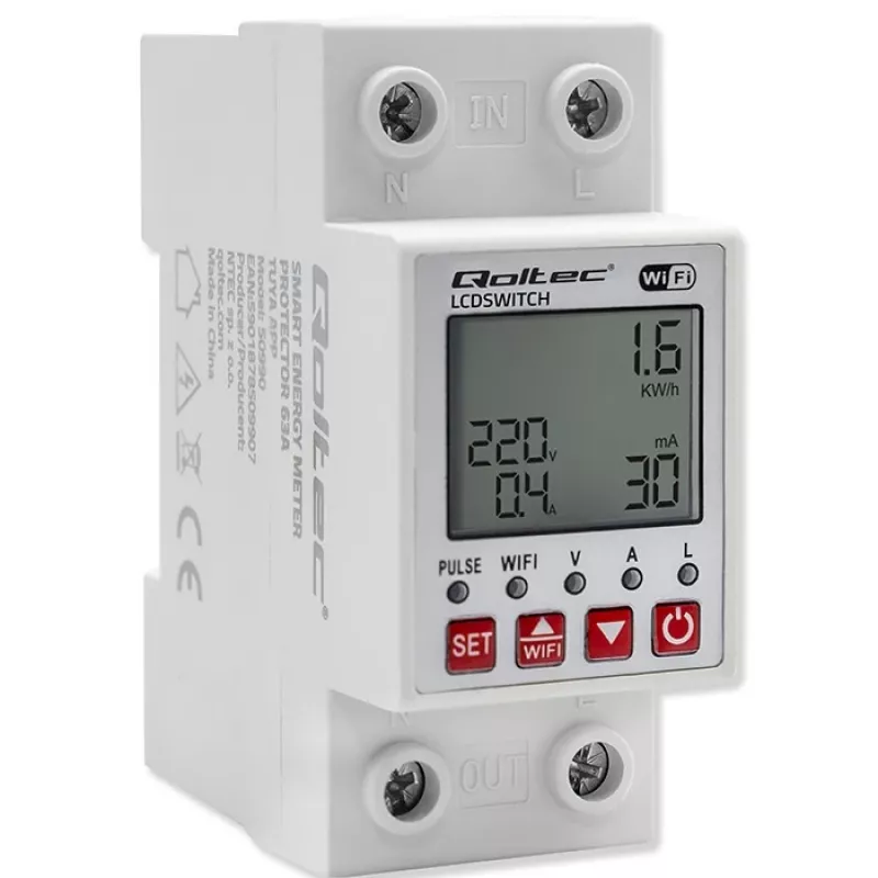 DIN-sliedes WiFi relejs QOLTEC 50990, vienkanāla, 63A pārslēgšana elektrības uzskaitei un tālvadībai