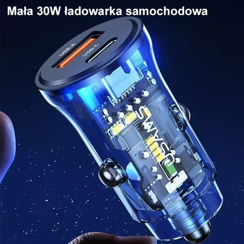 Auto lādētājs usams CC164CC01 30W ar 1×USB-A un 1×USB-C ātrai uzlādei