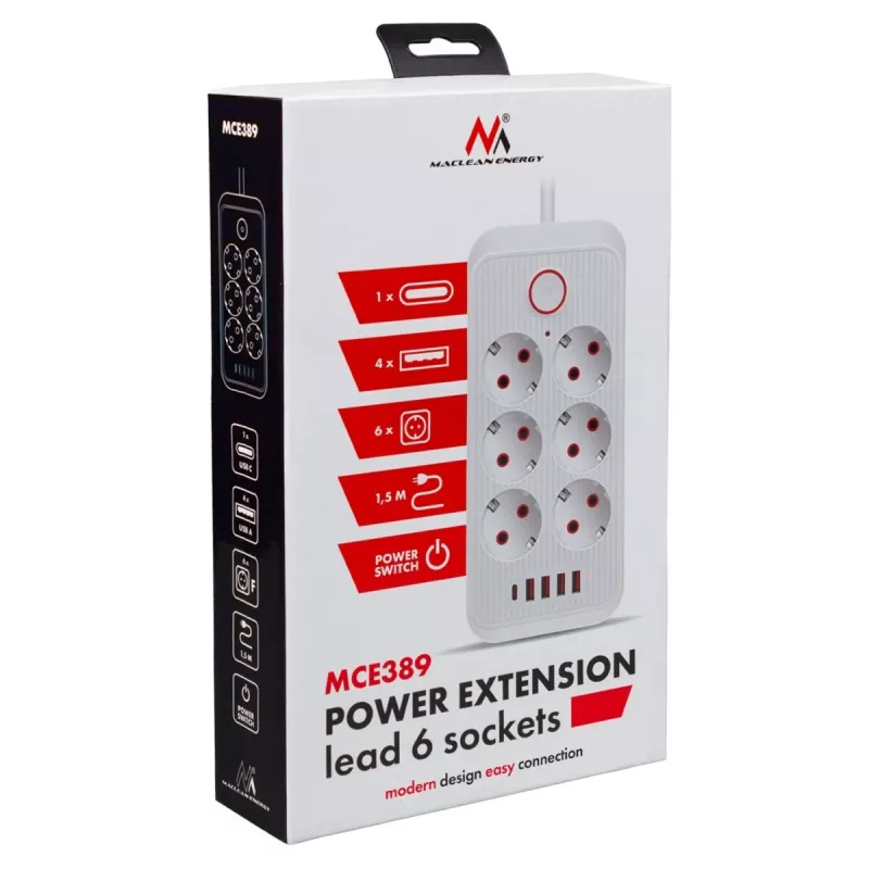 Strāvas sadalītājs MACLEAN MCE389 B — 6 rozetes, 4×USB-A + 1×USB-C, 110–240V, 2.1A, 2500W, 1,5 m kabelis, melns