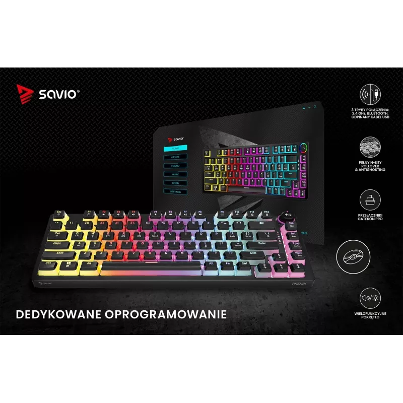 Gaming tastatūra Savio SAVGK-PHENIX RED PUDDING Mechanical RGB Wireless