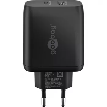 USB-C divkāršais ātrais lādētājs, PD, GaN, 65 vati (melns, 1x USB-C, 1x USB-A, Power Delivery)