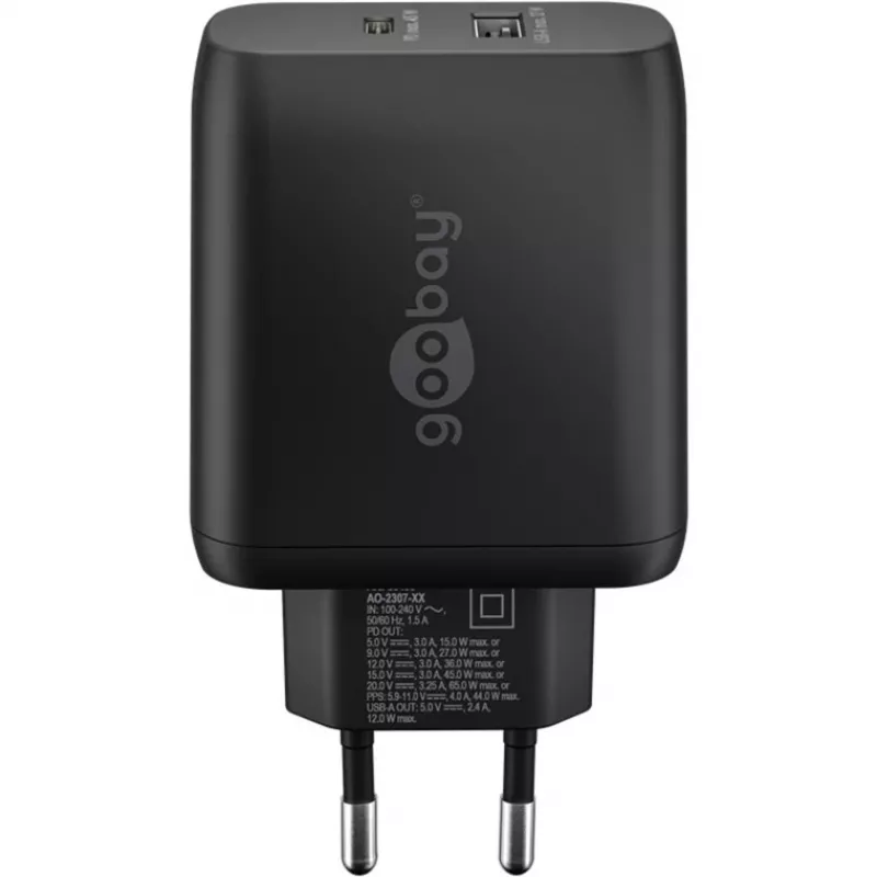 USB-C divkāršais ātrais lādētājs, PD, GaN, 65 vati (melns, 1x USB-C, 1x USB-A, Power Delivery)