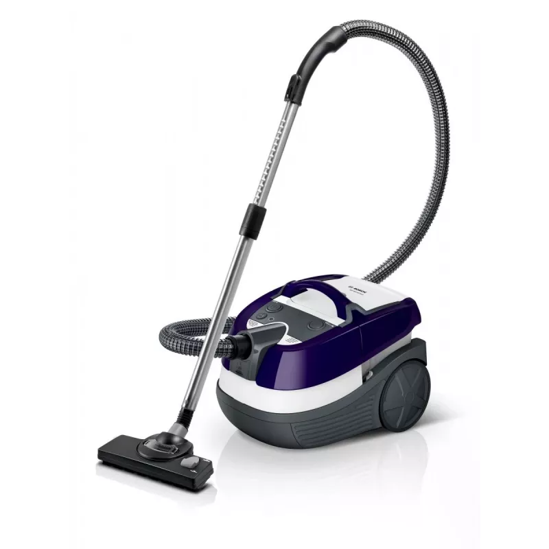 Mitrā un sausā putekļsūcējs Bosch BWD 41740 AquaWash&Clean — 1700 W, 5 L tvertne, EPA filtrs, teleskopiskā caurule, 9 m rādiuss, violets