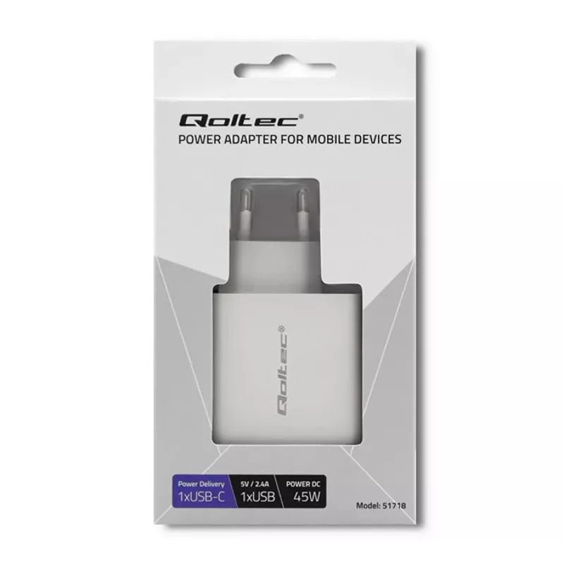 Qoltec 51718 Lādētājs | 45W | 5-20V | 2,4-3A | USB Type-C PD | USB | Balts
