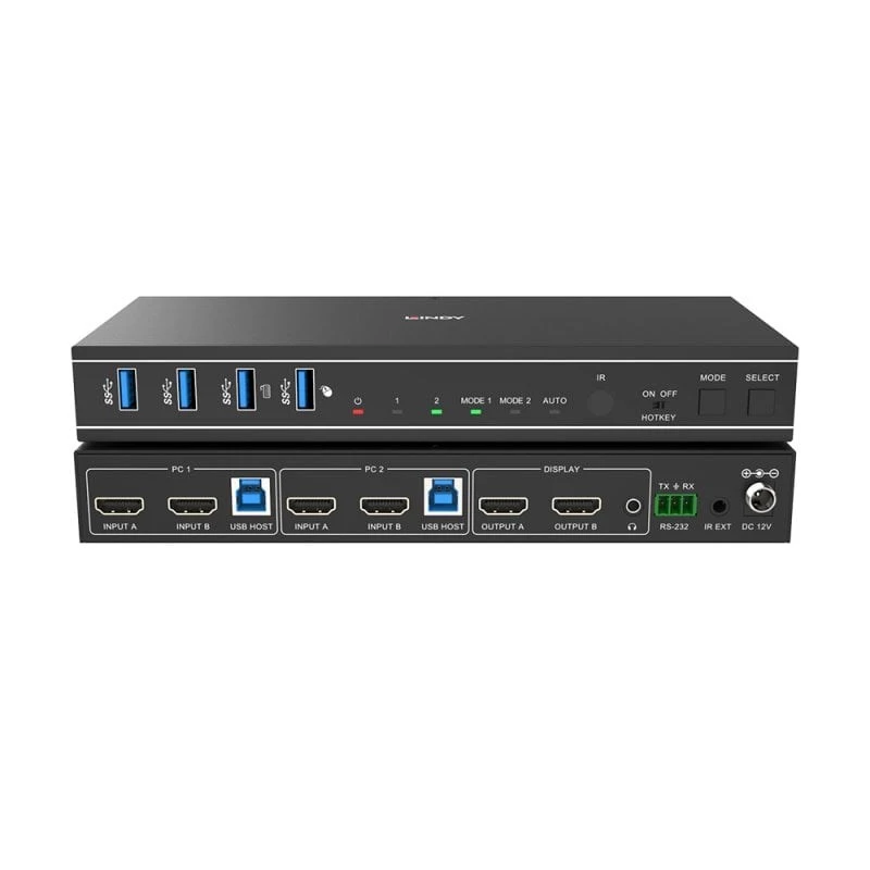 Lindy 2 pieslēgvietu divu galviņu HDMI 4K60, USB 3.0 KVM slēdzis, 4096 x 2160 pikseļi, 4K Ultra HD, melna