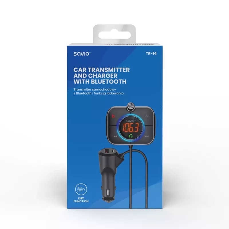 FM raidītājs SAVIO TR-14 Bluetooth USB, FM 87.6–107.9 MHz, MicroSD, USB-C, 12 V automašīnas barošana