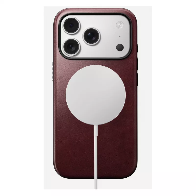 Mobilā telefona vāciņš Nomad Modern Leather vāciņš iPhone 17 Pro, āda + TPU + PC, piemērots 16 cm (6,3 collu) ekrānam, bordo
