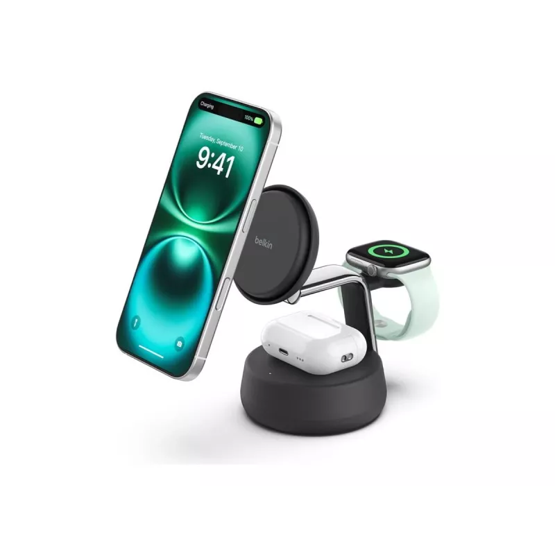 Iekštelpu lādētājs Belkin UltraCharge Pro 25W Qi2 3in1 magnētiskais lādētājs, ogles krāsā
