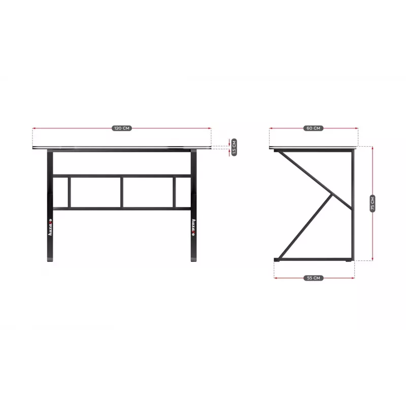 Spēļu galds huzaro Hero 1.6 Melns — taisns MDF/oglekļa galda virsma 1200×600×750 mm, metāla rāmis