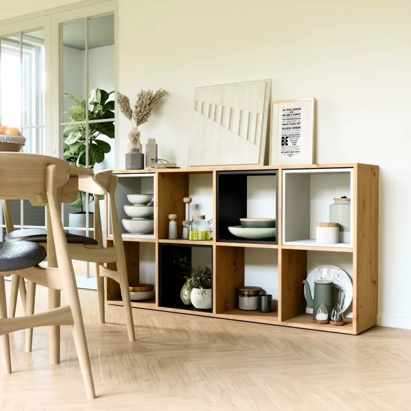 Dzīvojamās istabas grāmatu skapis Top e Shop MALAX 2X4 ARTISAN, dabīgā koka tonis, 8 plaukti, 1470×300×750 mm