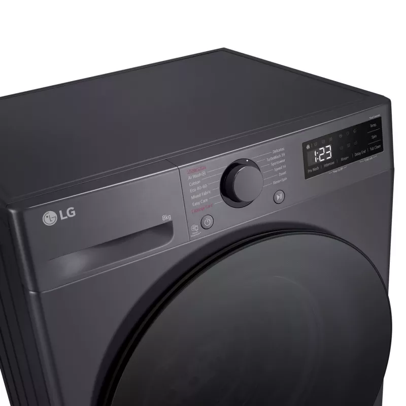Veļas mazgājamā mašīna LG F2WR508S2M — ar priekšējo ielādi, 8 kg, 1200 apgr./min, A efektivitātes klase, 60×48 cm, LED, vidēji melna