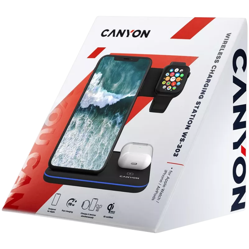 Canyon bezvadu lādētāja dokstacija 3in1 QI Apple 15W melna mazumtirdzniecība