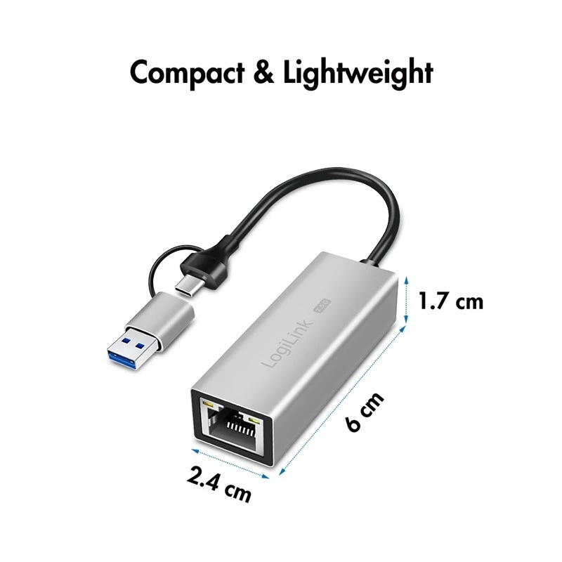 USB-A/-C uz 2,5G Ethernet adapteris, pelēks