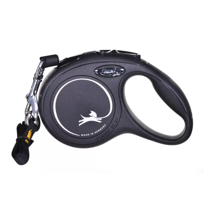Izvelkamā siksna Flexi New Classic Cat XS 3 m — auklas pavada maziem mājdzīvniekiem, melna, maksimālā slodze 8 kg