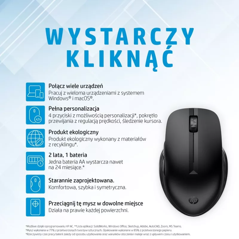 HP 435 Multi-Device Wireless pele, piemērota abām rokām, RF Wireless + Bluetooth, 4000 DPI, melna