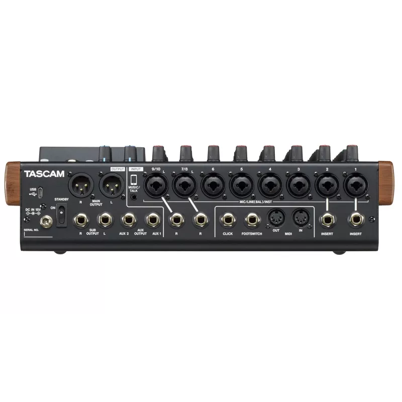 Mikseris Tascam Model 12 — 12 kanālu analogais/ciparu mikseris, 24 bitu, 48 kHz, USB‑C, SD karte, Bluetooth 5.0