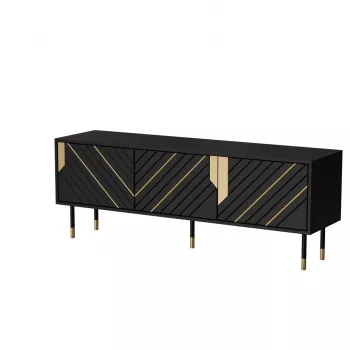 TV skapis Cama Meble MOUNTAIN 154x40x55 cm — skaidu plākšņu virsma, melns un zelts