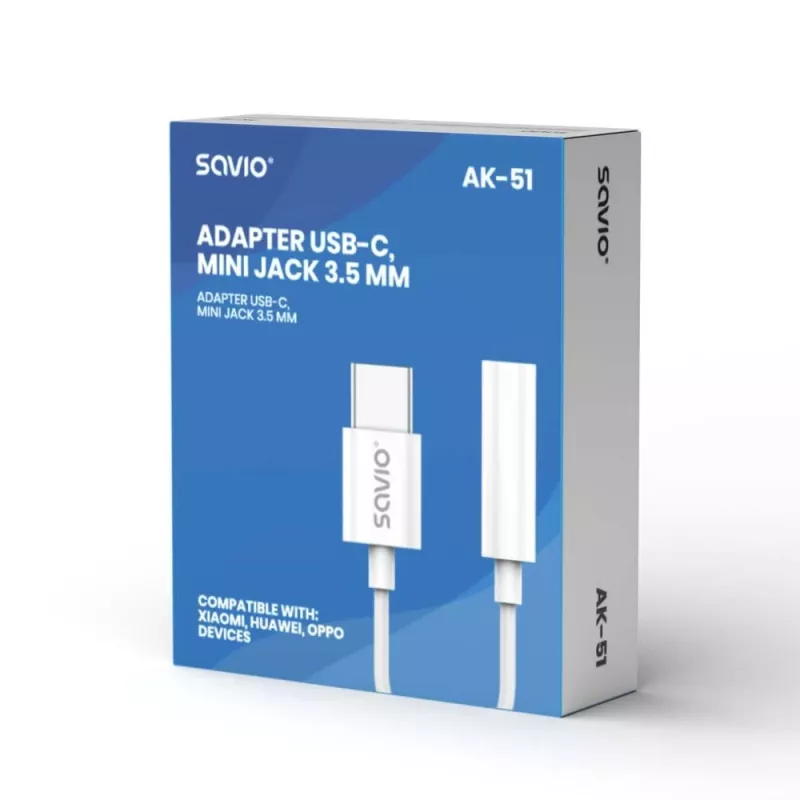 USB Type 3.1 C (M) – Jack 3.5mm (F) Audio adapter White SAVIO AK-51