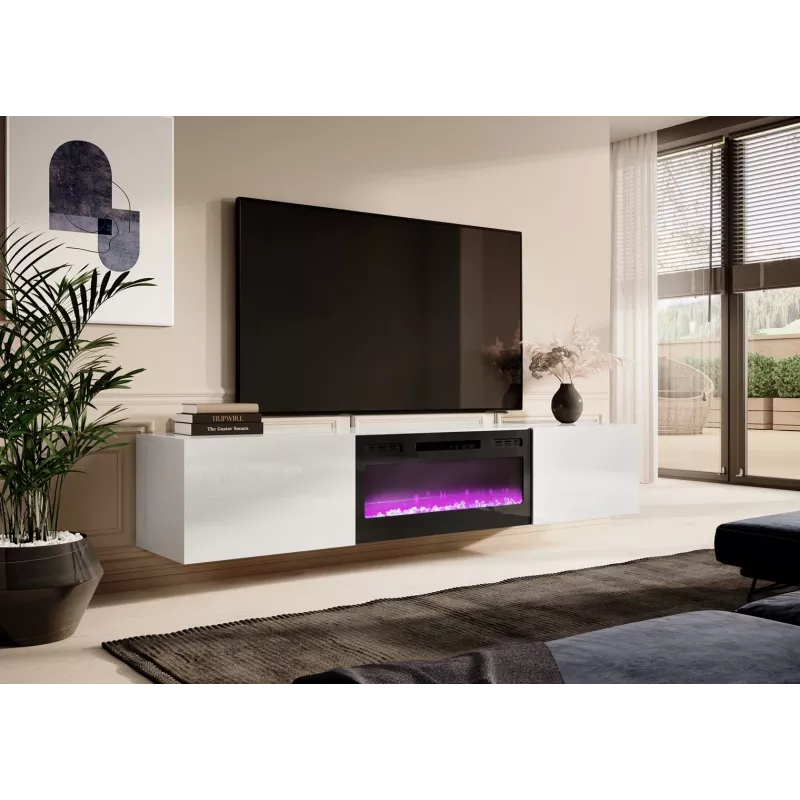 TV skapītis Cama Meble SLIDE 200K ar elektrisko kamīnu 200x40x37 cm spīdīgi balts