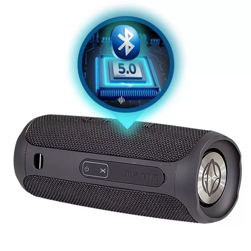 Pārnēsājams skaļrunis MANTA SPK130GO BT — Bluetooth 5.0, TWS, FM, 10W RMS, uzlādējams (melns, 8×8×19 cm)