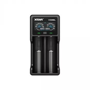 Baterijas lādētājs XTAR VC2SL — USB 5V 1A, LCD, lādē 2 elementus, saderīgs ar Li‑Ion/NiMH/NiCd, izmēri A/AA/AAA/AAAA/C/D/SC, melns