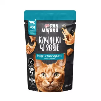 Mitrā kaķu barība Pan Miesko tītars ar tunzivi 85 g — pilnvērtīga mitrā barība pieaugušiem kaķiem, 81% mitruma, 10.5% olbaltumvielu