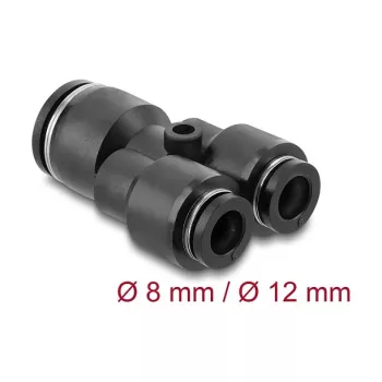 Pneimatiskais Y-savienotājs DELOCK 2×8 mm uz 1×12 mm ar montāžas atveri, metāls/plastmasa, iekšējā vītne, 50,5 mm